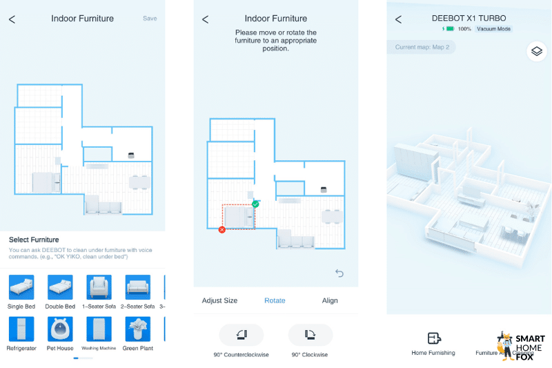 Möbelstücke werden in der Wohnungskarte des Ecovacs Deebot X1 Turbo platziert
